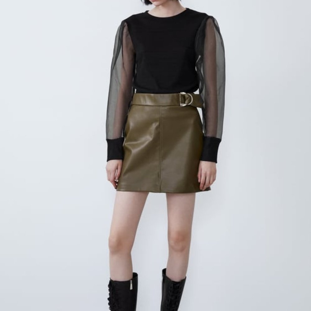 NWT ZARA Faux leather mini skirt army green size S